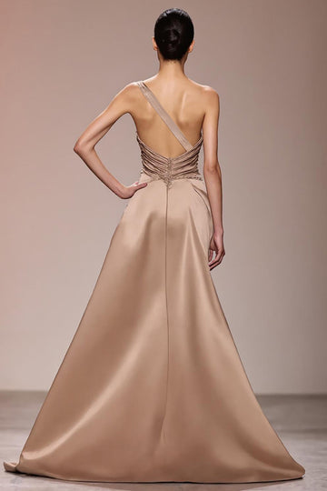 Champagne Satin Ruched One Shoulder Long Formal  Dress